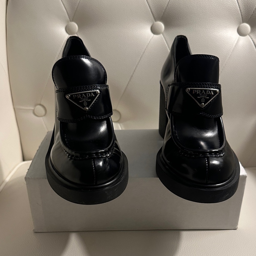Prada Chocolate Platform, Triangle Logo Heeled Lo… - image 4